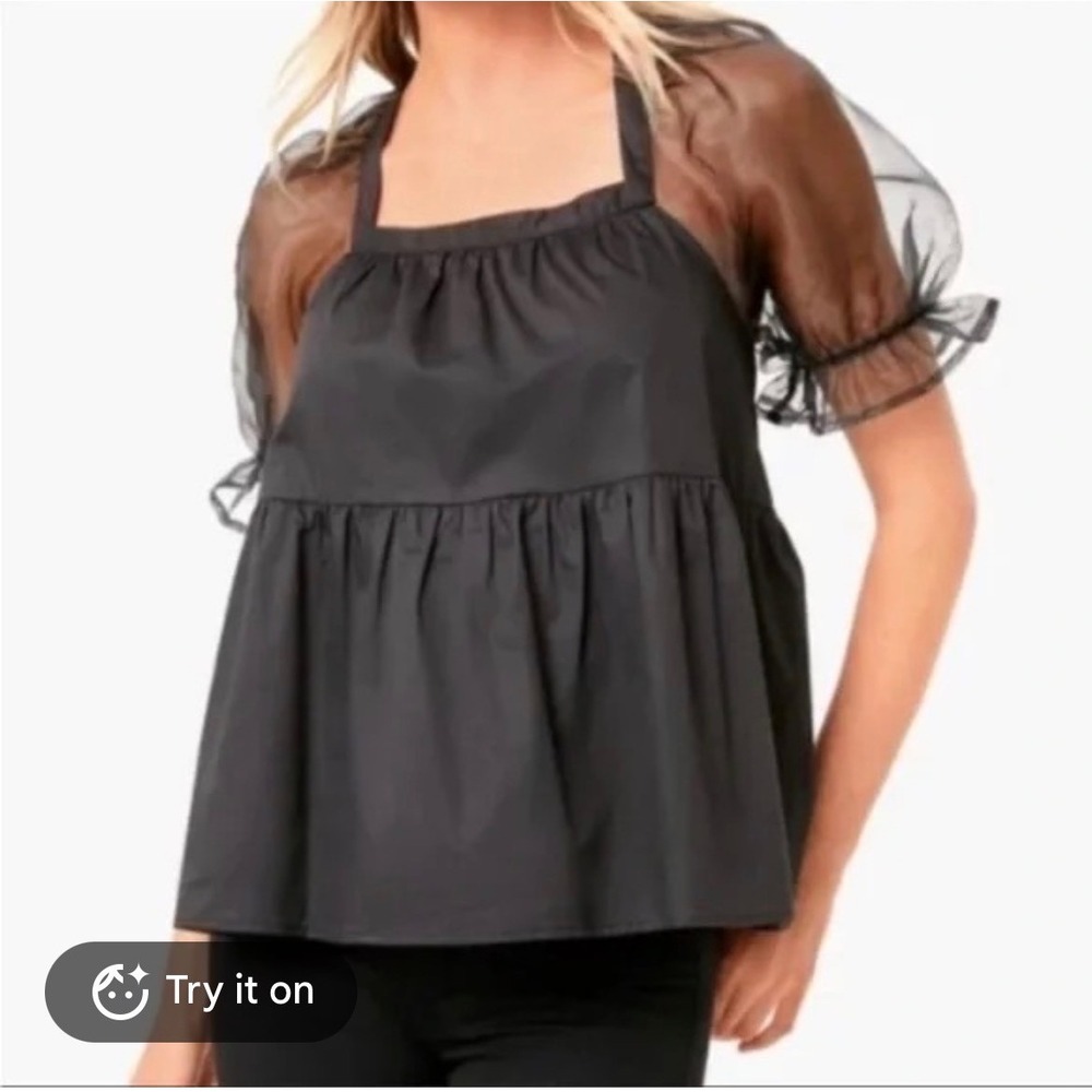 Pomander Place Black Sheer Puff Sleeve Babydoll Top XS Square Neck Y20893T